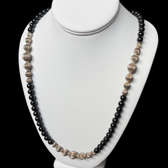 Vintage Sterling Silver Native Pearl Black Onyx Beaded Necklace 34in Chain 925 - Picture 6 of 16
